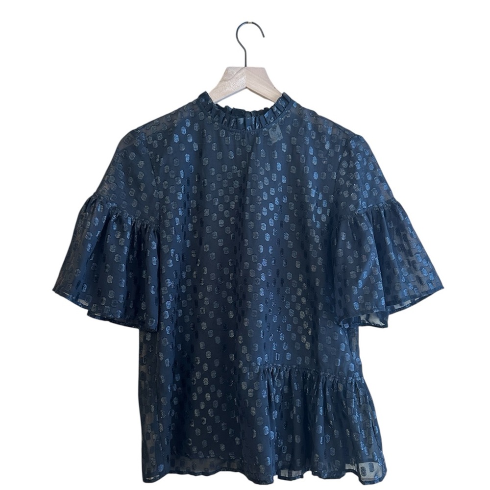 H&M Black Patterned Sheer Blouse, Ruffle sleeve, neck, Size 8, Party, Y2K